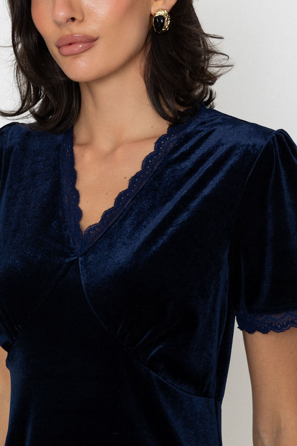 Carraig Donn Lace Trim Velvet Dress Navy