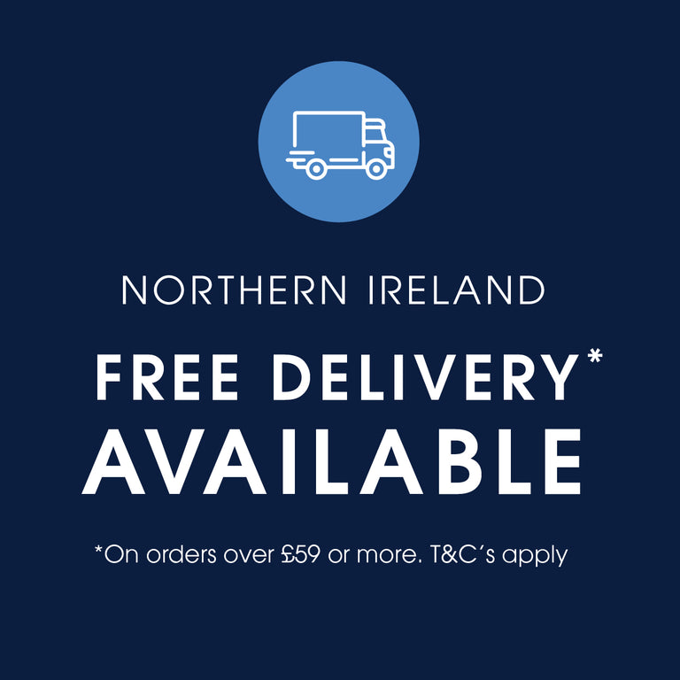 Promotional graphic on a dark navy background with a light blue circle containing a white delivery truck icon. Text reads 'NORTHERN IRELAND FREE DELIVERY* AVAILABLE' and smaller text says '*On orders over £59 or more.