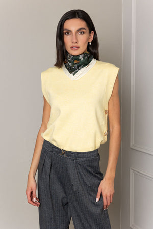 Carraig Donn Lemon Viscose Blend Knitted Gold Button Detail Vest