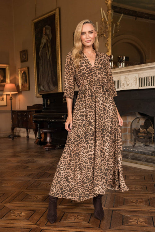 Leopard Print Empire Waist V-Neck Half Sleeve Maxi Dress