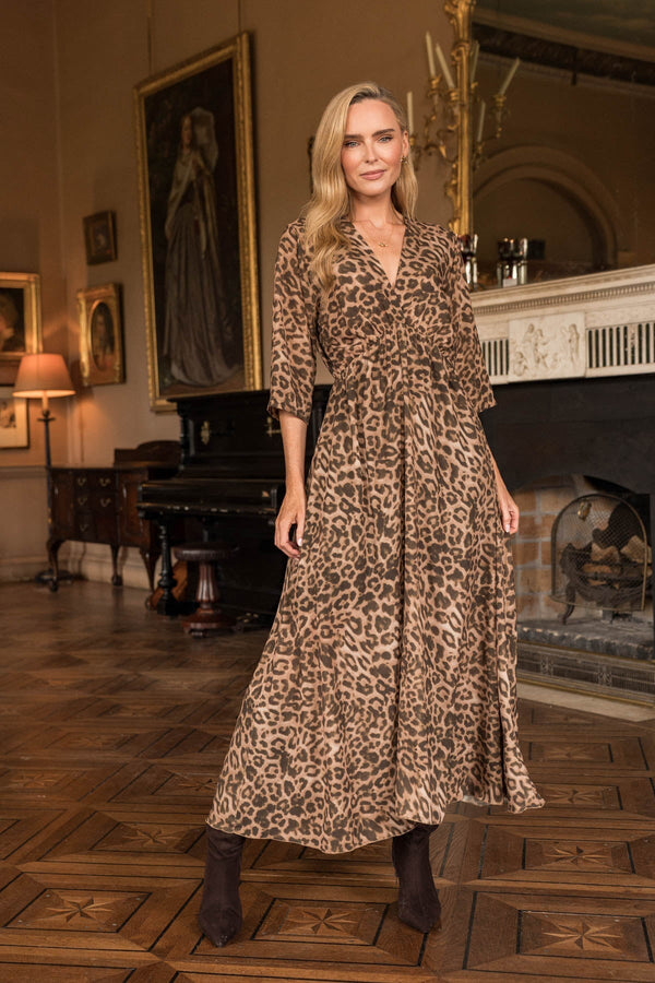 Carraig Donn Leopard Print Empire Waist V-Neck Half Sleeve Maxi Dress