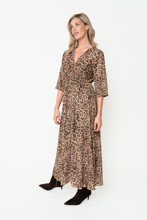 Carraig Donn Leopard Print Empire Waist V-Neck Half Sleeve Maxi Dress