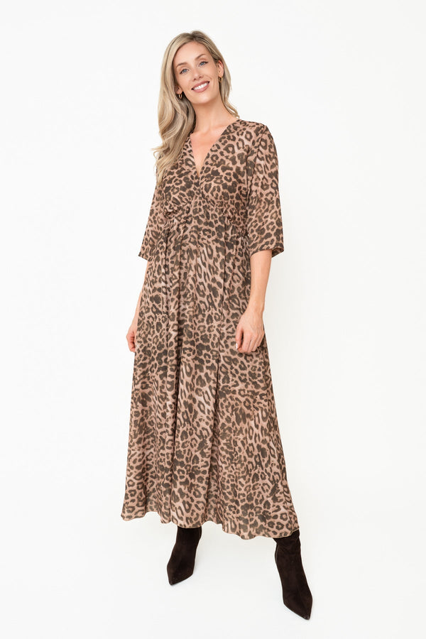 Carraig Donn Leopard Print Empire Waist V-Neck Half Sleeve Maxi Dress