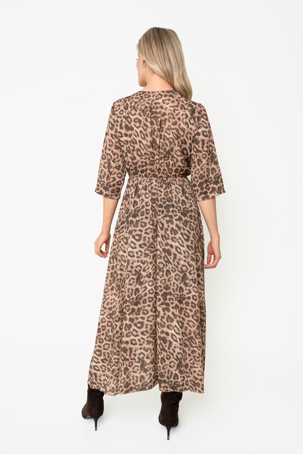 Carraig Donn Leopard Print Empire Waist V-Neck Half Sleeve Maxi Dress