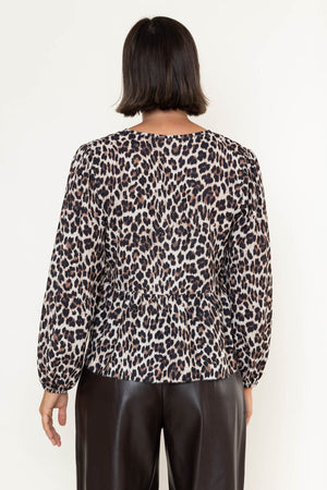 Carraig Donn Leopard Print V-Neck Tie Detail Balloon Long Sleeve Top
