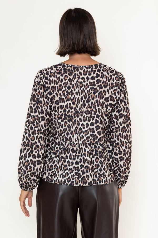 Carraig Donn Leopard Print V-Neck Tie Detail Balloon Long Sleeve Top