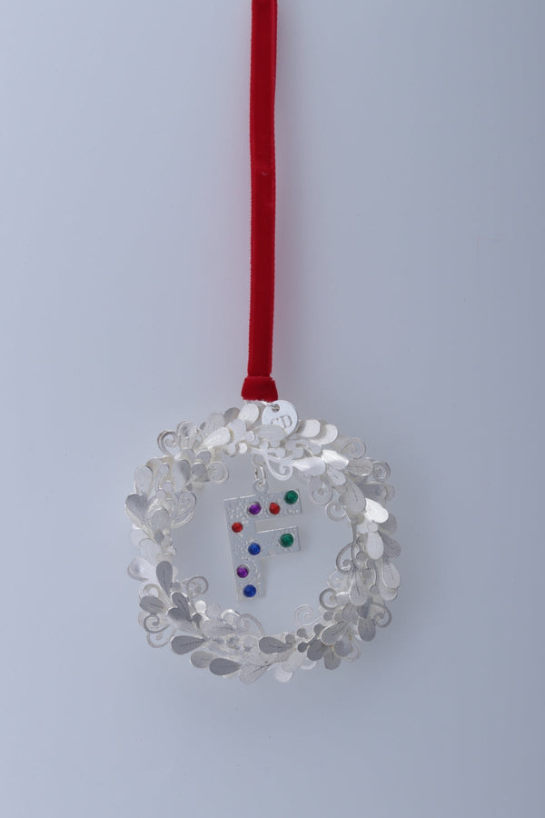 Carraig Donn Letter F Metal Wreath With Red Ribbon Christmas Tree Decoration