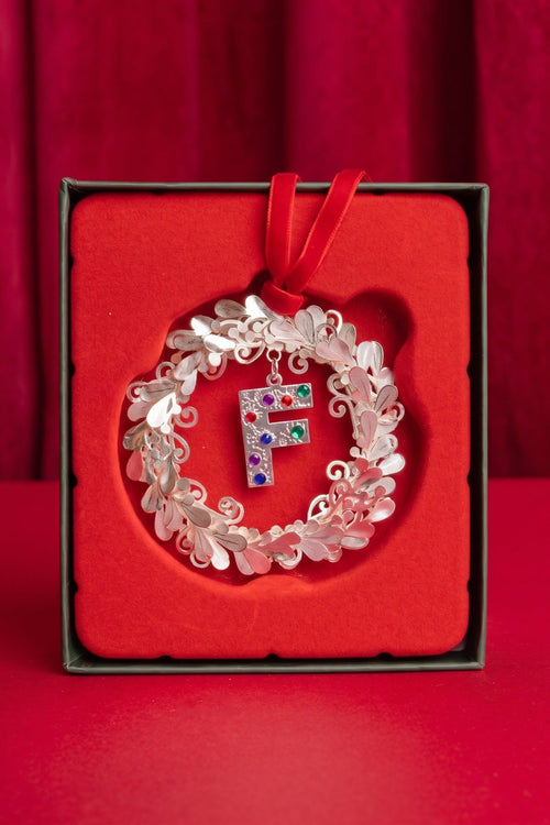 Letter F Metal Wreath With Red Ribbon Christmas Tree Decoration