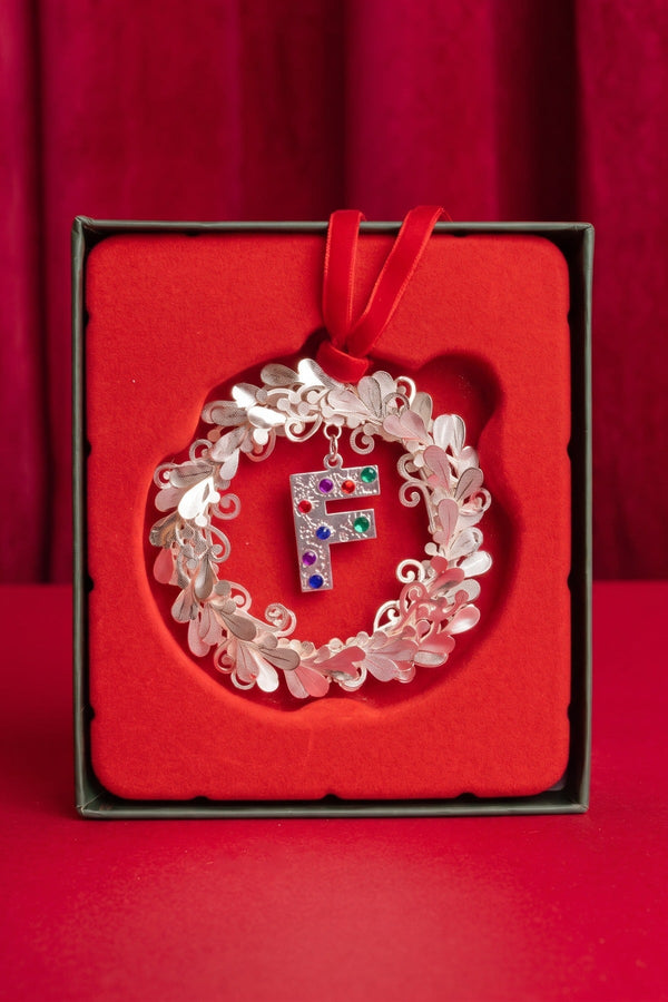 Carraig Donn Letter F Metal Wreath With Red Ribbon Christmas Tree Decoration