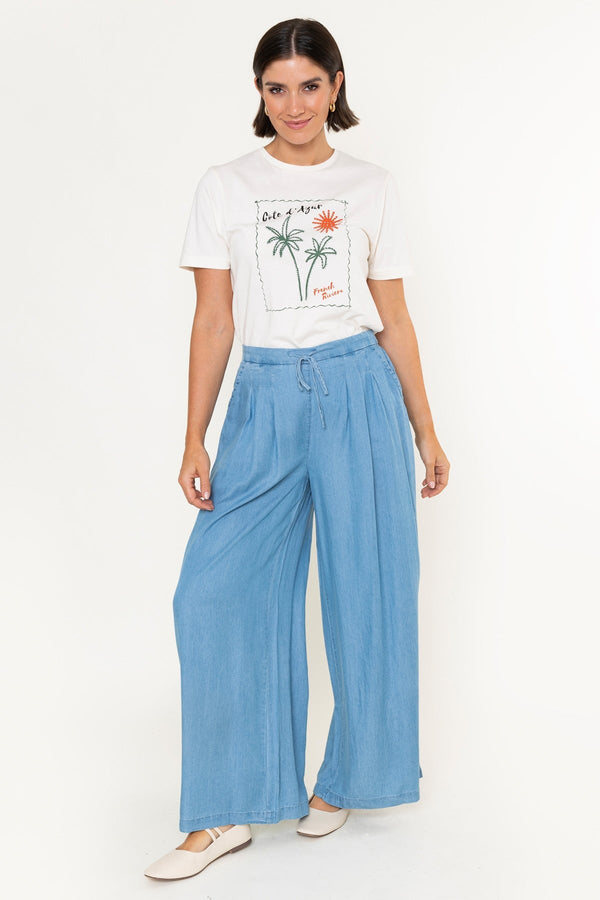Carraig Donn Light Blue Chambray Wide Leg Trousers