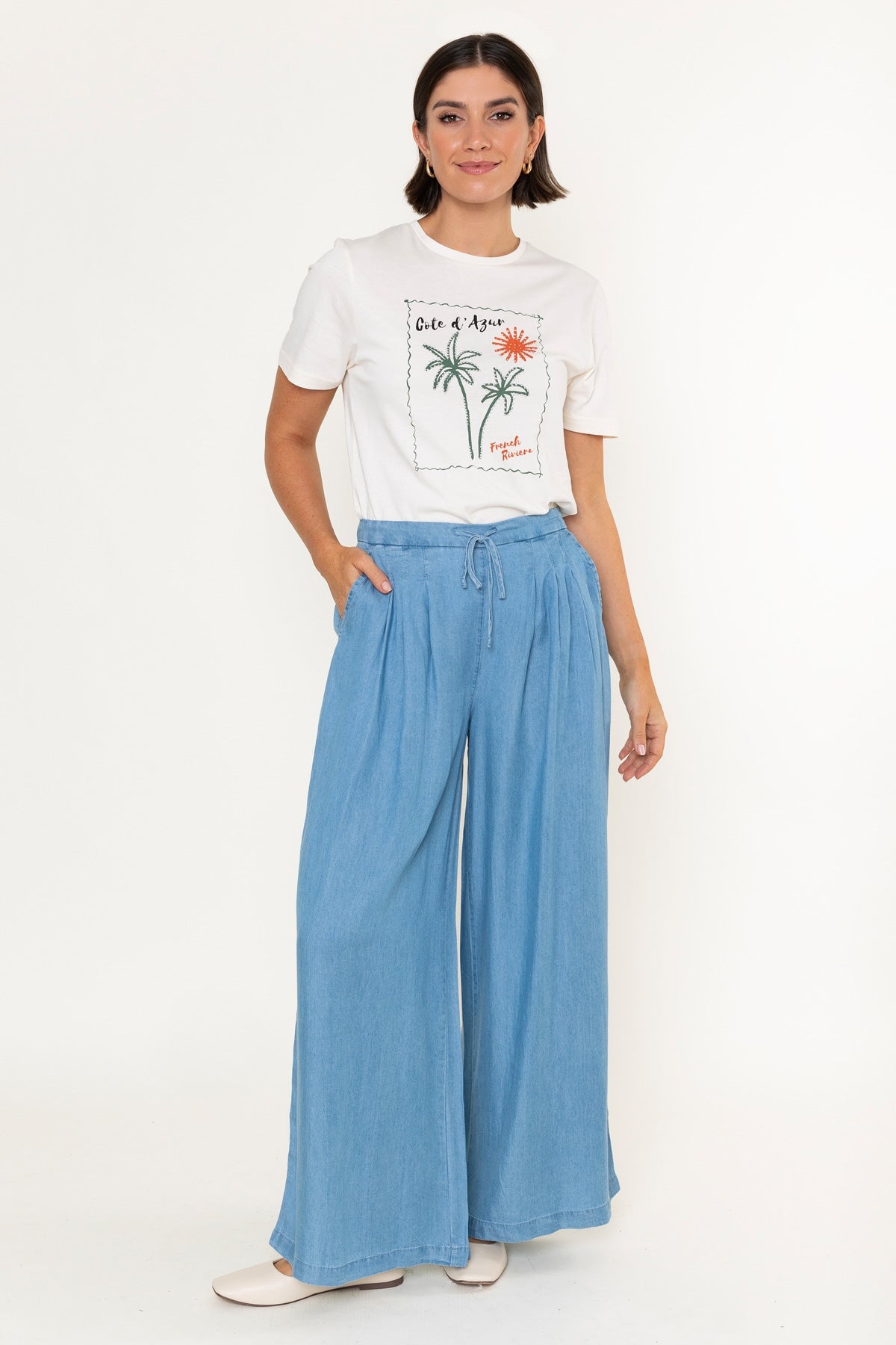 Light Blue Chambray Wide Leg Trousers