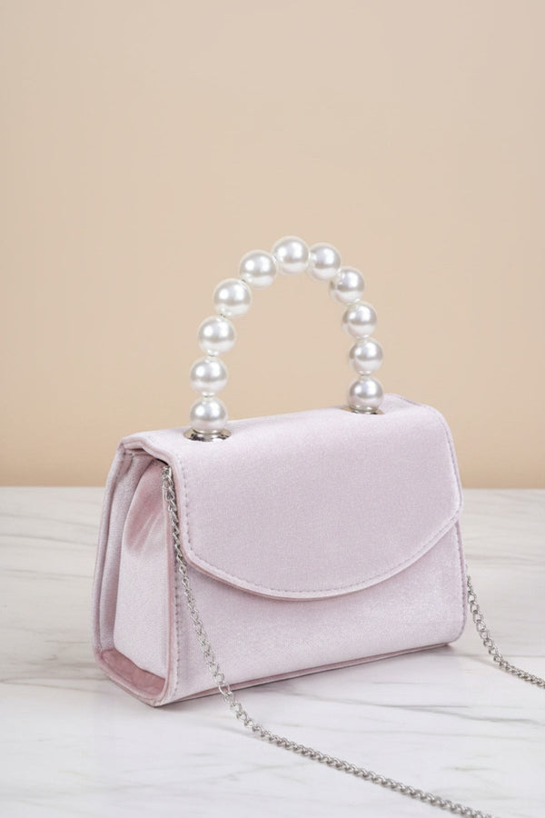 Carraig Donn Light Pink Velvet Pearl Top Handle Clutch Bag