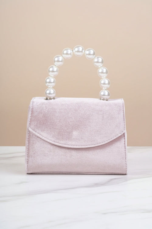Light Pink Velvet Pearl Top Handle Clutch Bag