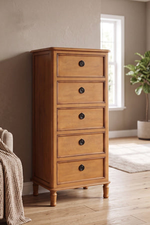 Carraig Donn Logan Brown Pine Wood 5 Drawer Tallboy