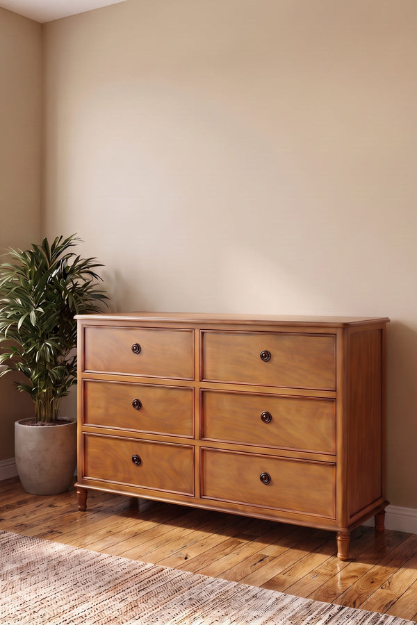 Carraig Donn Logan Brown Pine Wood 6 Drawer Sideboard
