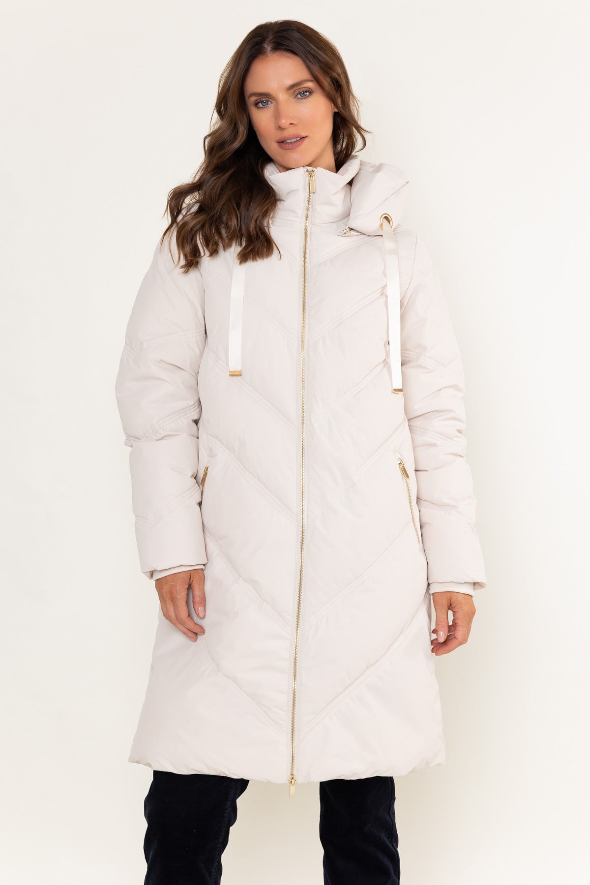 Cream Longline Padded Quilted Coat With Detachable Hood