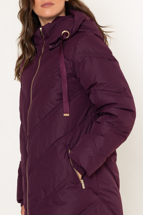Carraig Donn Longline Padded Quilted Coat With Detachable Hood Plum