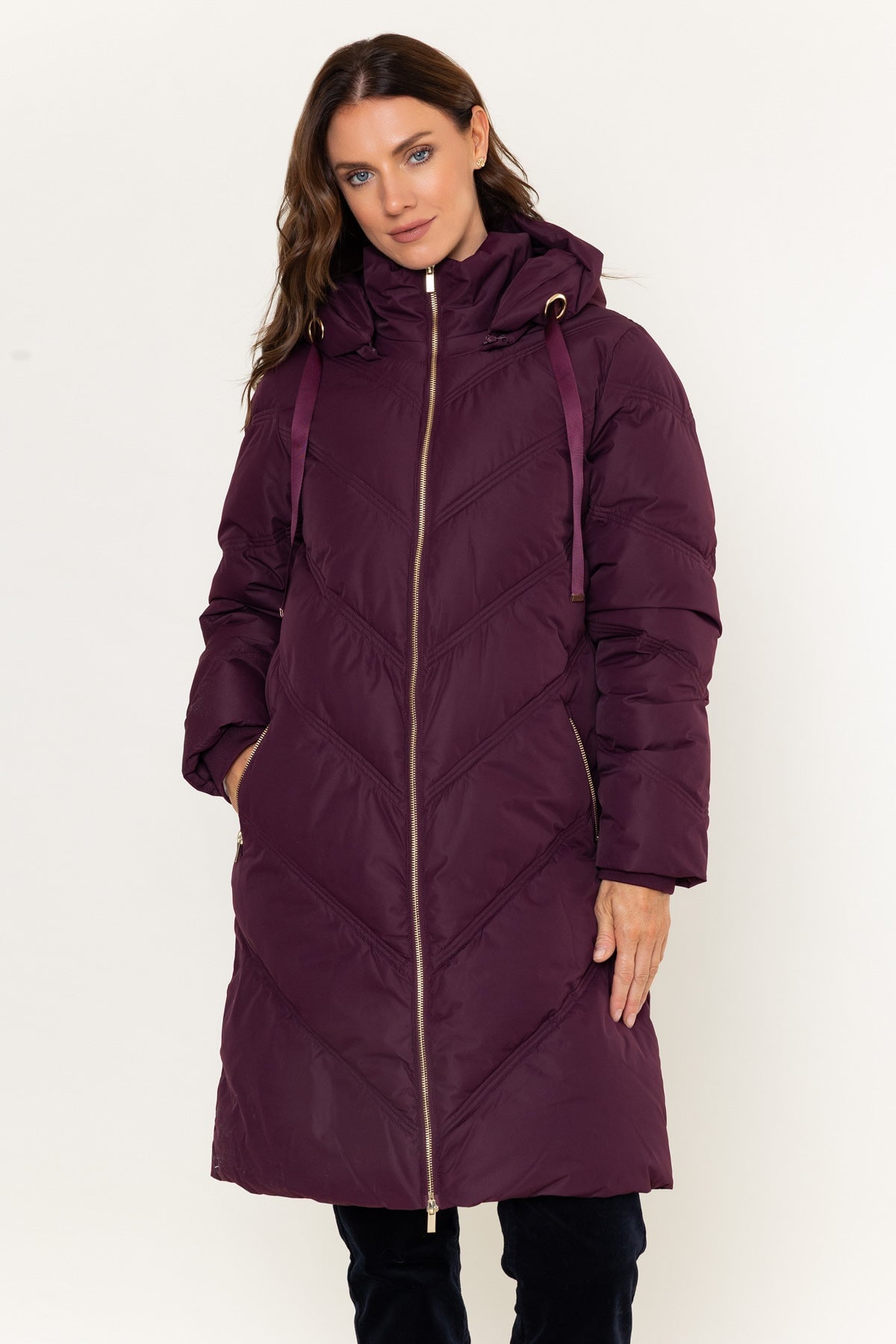 Plum Purple Longline Padded Quilted Coat With Detachable Hood