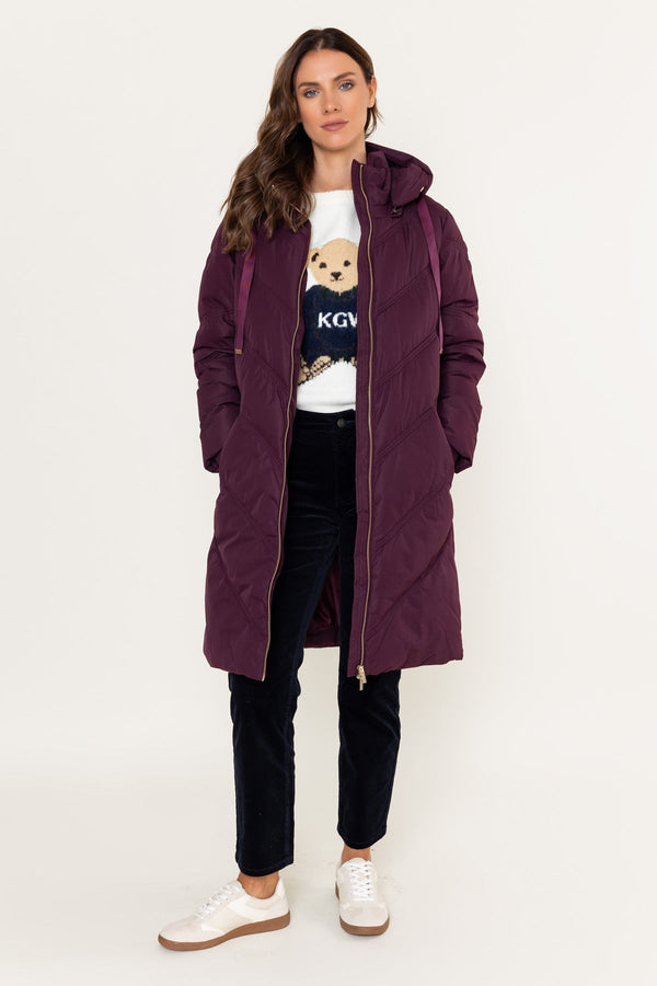 Carraig Donn Longline Padded Quilted Coat With Detachable Hood Plum