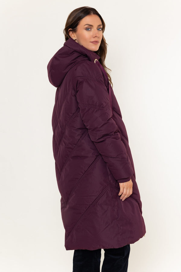 Carraig Donn Longline Padded Quilted Coat With Detachable Hood Plum