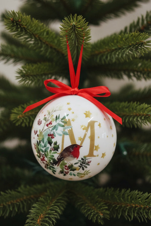 M Christmas Robin Alphabet Tree Bauble