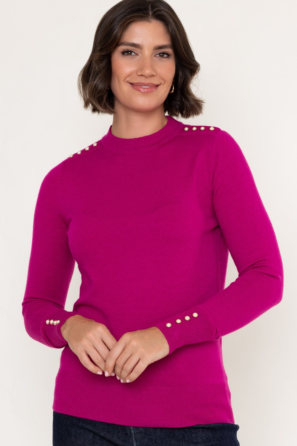 Magenta Pink Viscose Blend Knitted Turtleneck Button Detail Long Sleeve Jumper