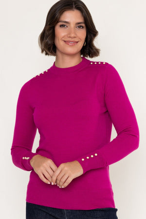 Carraig Donn Magenta Pink Viscose Blend Knitted Turtleneck Button Detail Long Sleeve Jumper