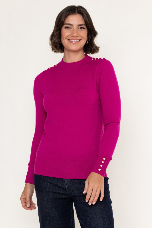Carraig Donn Magenta Pink Viscose Blend Knitted Turtleneck Button Detail Long Sleeve Jumper