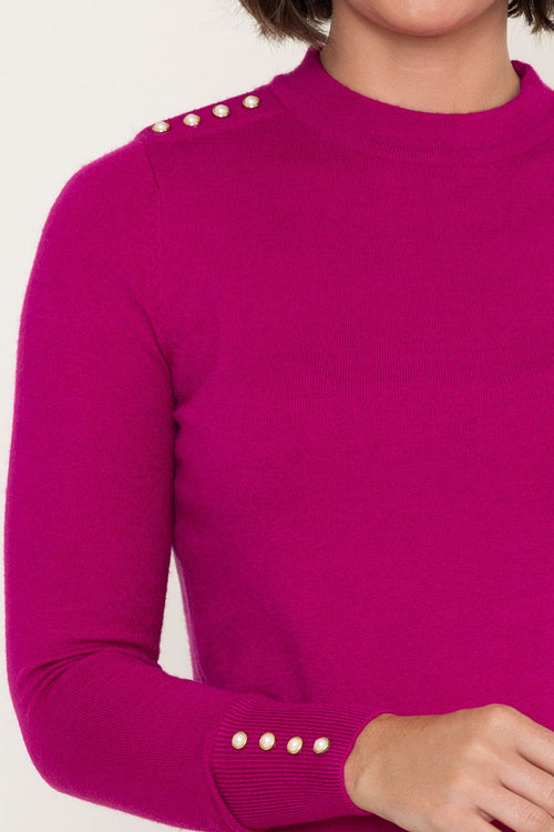 Carraig Donn Magenta Pink Viscose Blend Knitted Turtleneck Button Detail Long Sleeve Jumper
