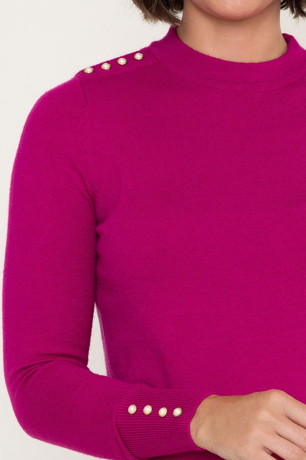 Carraig Donn Magenta Pink Viscose Blend Knitted Turtleneck Button Detail Long Sleeve Jumper