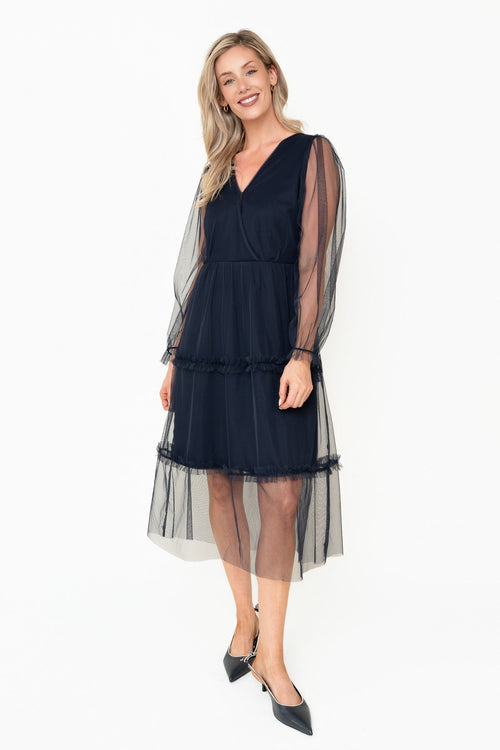 Mandy Navy Tulle A-Line Tiered V-Neck Long Sleeve Midi Dress