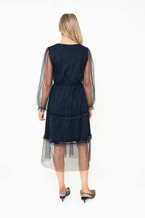 Carraig Donn Mandy Navy Tulle A-Line Tiered V-Neck Long Sleeve Midi Dress