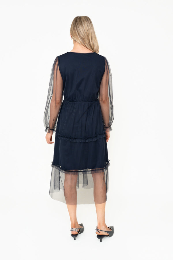 Carraig Donn Mandy Navy Tulle A-Line Tiered V-Neck Long Sleeve Midi Dress