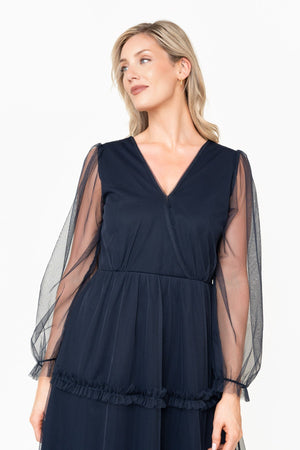 Carraig Donn Mandy Navy Tulle A-Line Tiered V-Neck Long Sleeve Midi Dress