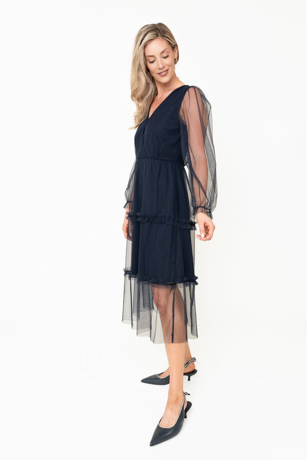 Carraig Donn Mandy Navy Tulle A-Line Tiered V-Neck Long Sleeve Midi Dress