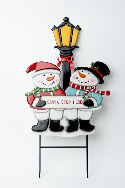 Metal Santa Stop Here Snowmen Ground Spike Decorative Sign