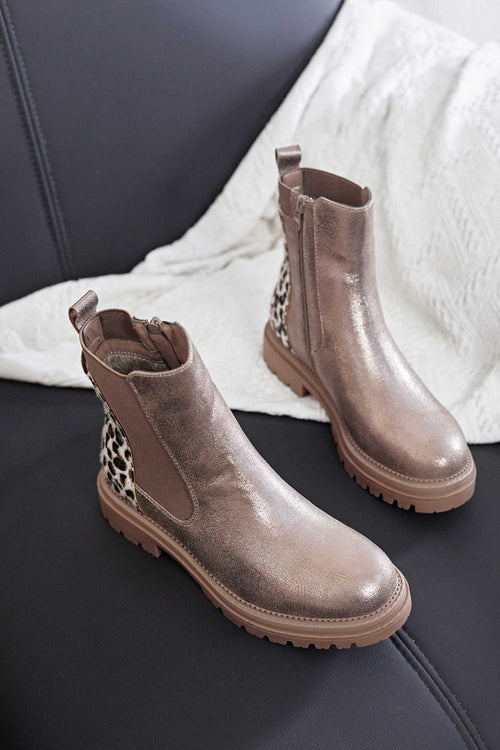 Carraig Donn Metallic Beige Faux Leather Leopard Print Chelsea Ankle Boots