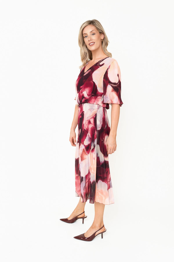 Carraig Donn Michaela Burgundy Printed A-Line Short Sleeve Midi Dress