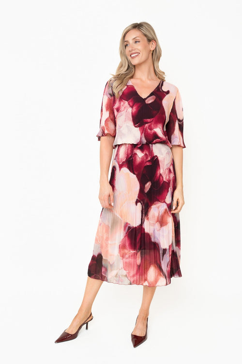 Michaela Burgundy Printed Chiffon A-Line Half Sleeve Midi Dress