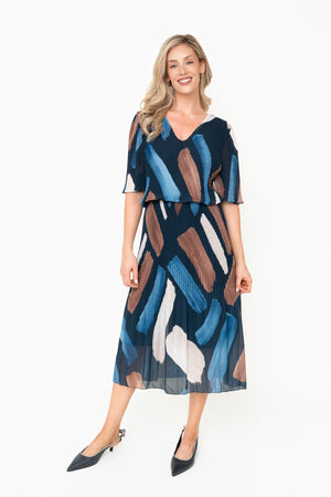 Carraig Donn Michaela Navy Printed A-Line Short Sleeve Midi Dress