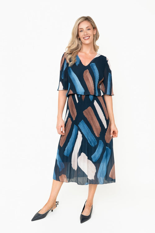 Michaela Navy Printed Chiffon A-Line Half Sleeve Midi Dress