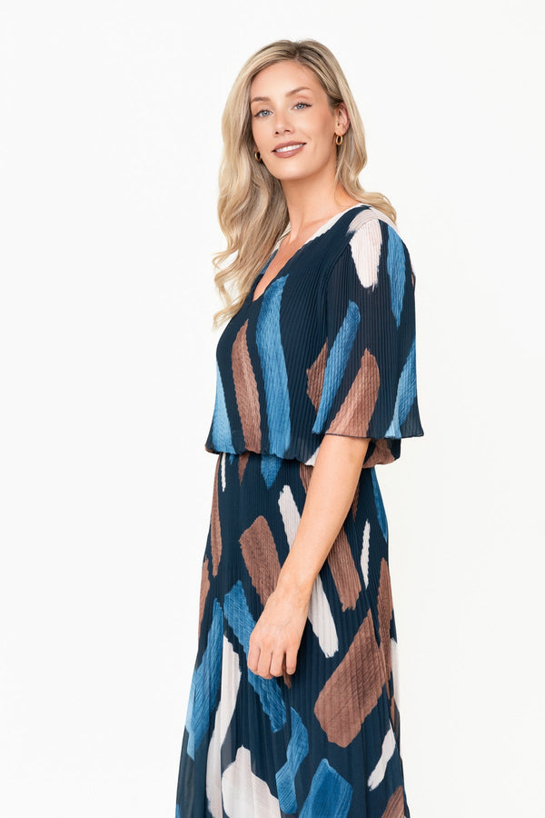 Carraig Donn Michaela Navy Printed A-Line Short Sleeve Midi Dress