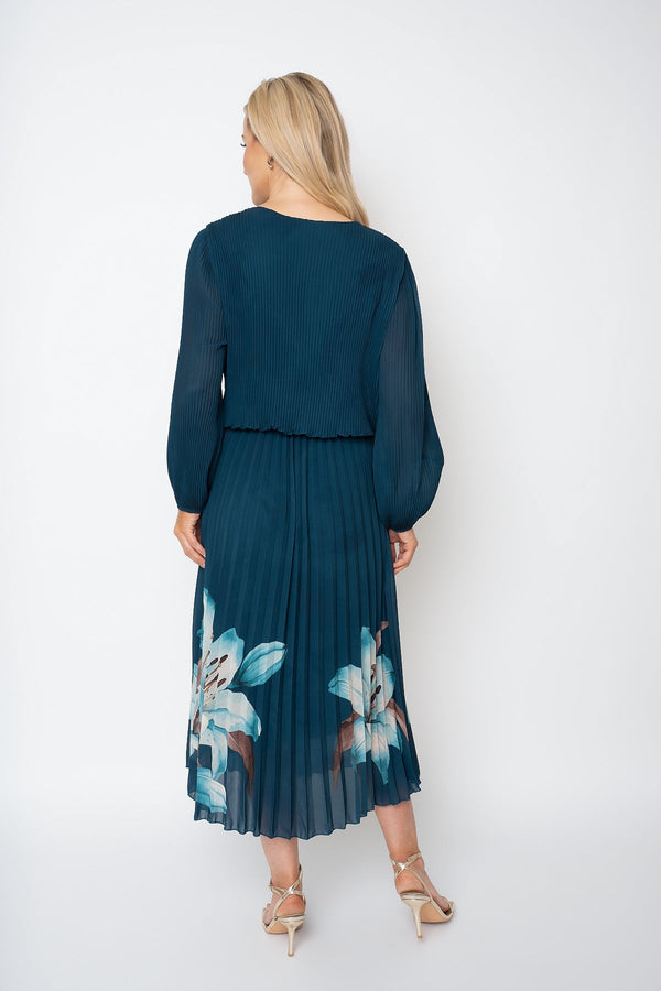 Carraig Donn Michaela Teal Printed Chiffon A-Line Long Sleeve Midi Dress