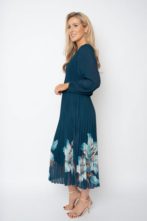 Carraig Donn Michaela Teal Printed Chiffon A-Line Long Sleeve Midi Dress