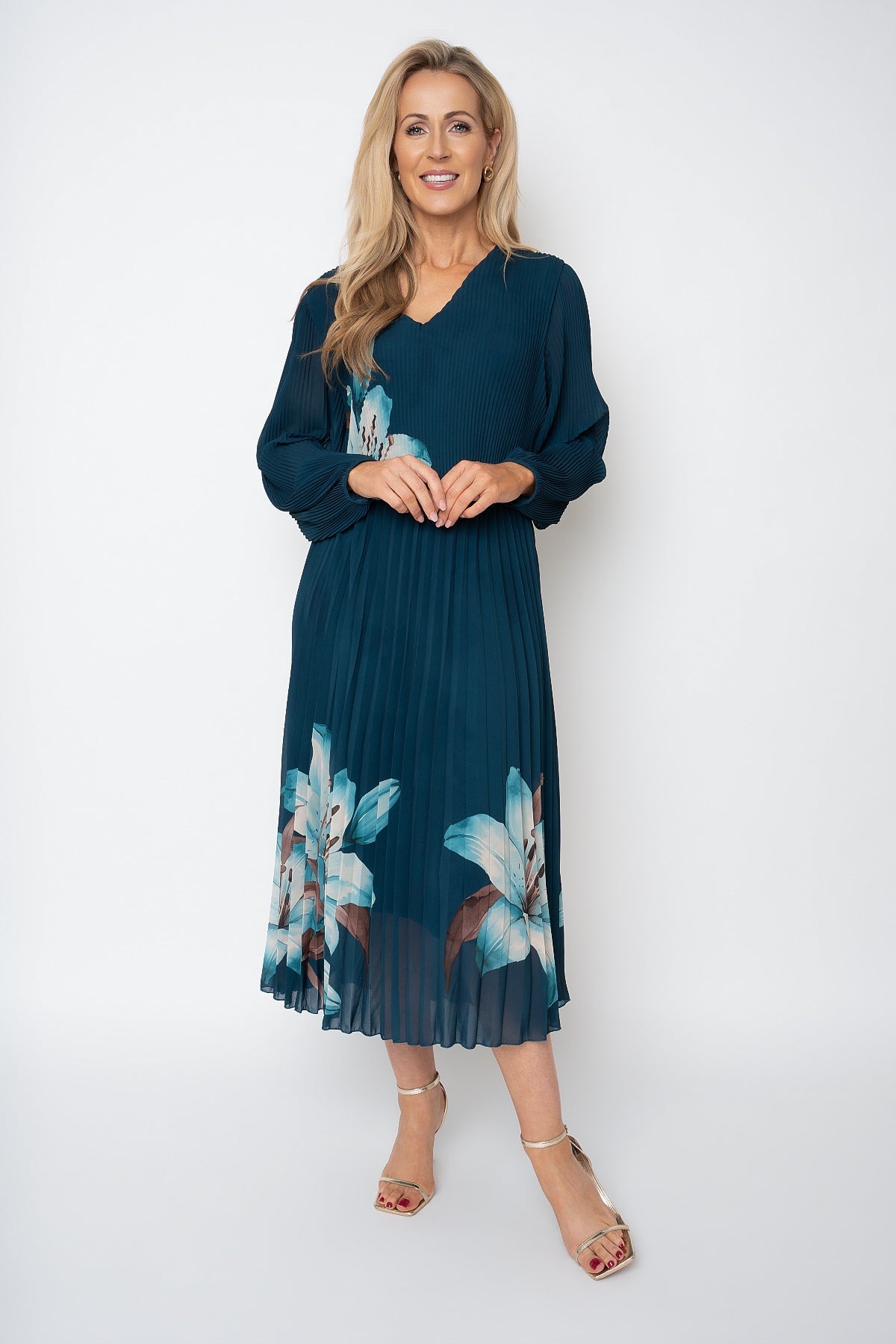 Michaela Teal Printed Chiffon A-Line Long Sleeve Midi Dress