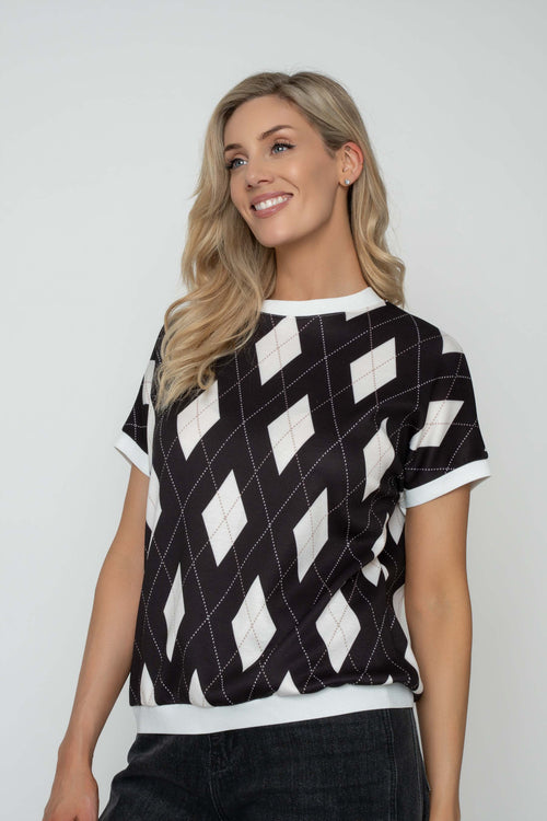 Mono Argyle Print Short Sleeve Top