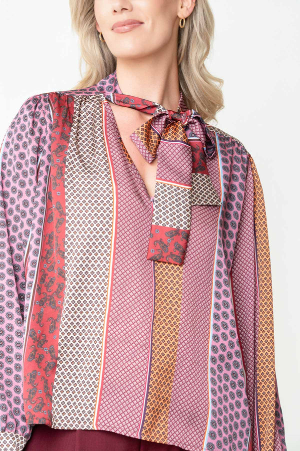 Carraig Donn Mulicolour Pattern Print Pussybow Long Sleeve Blouse