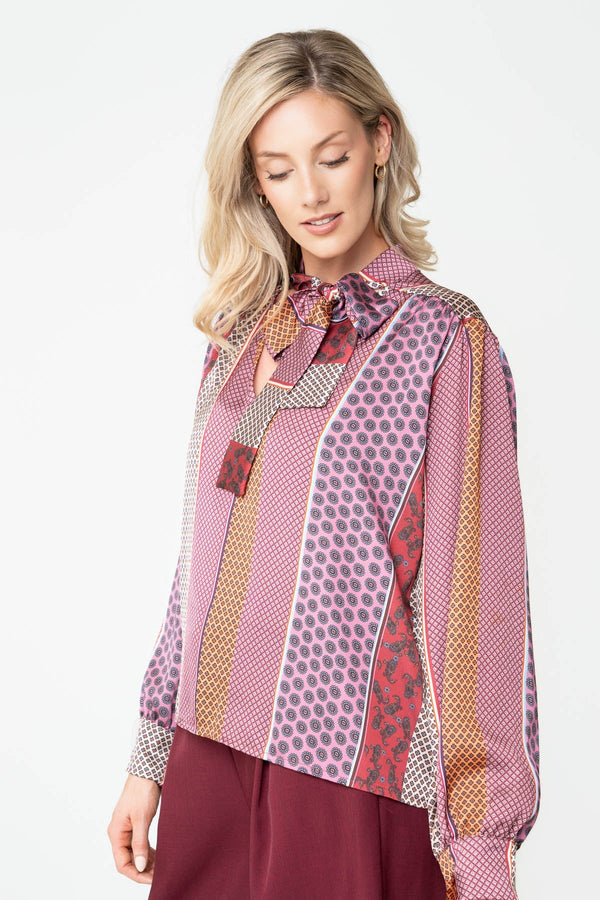 Carraig Donn Mulicolour Pattern Print Pussybow Long Sleeve Blouse