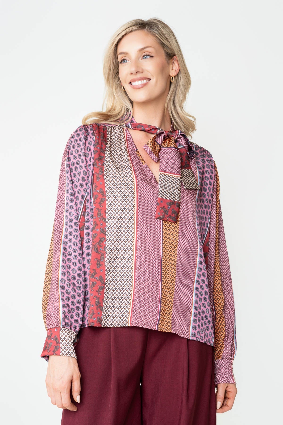 Mulicolour Pattern Print Pussybow Long Sleeve Blouse