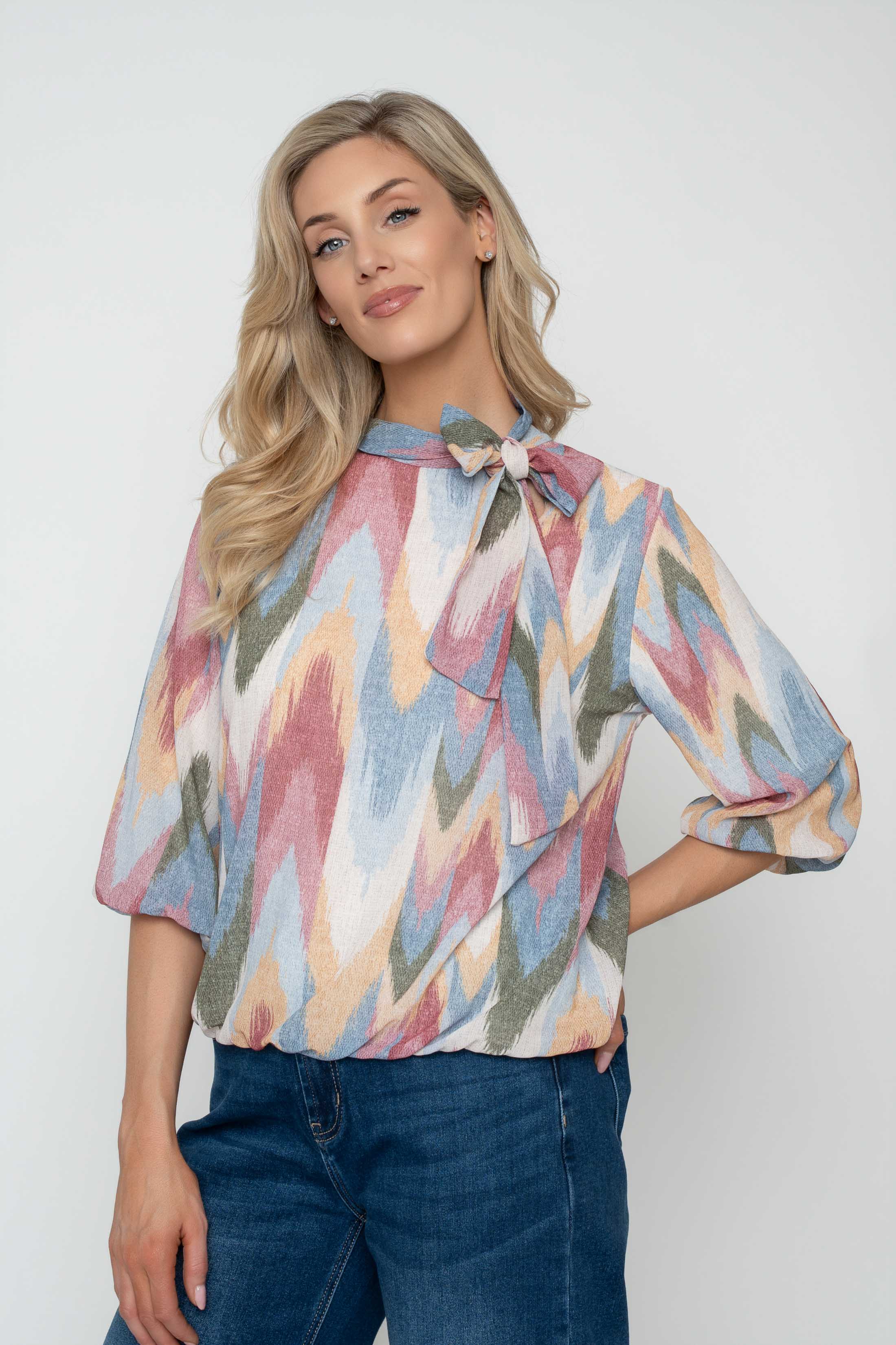 Multi Print Bow Neck Blouse